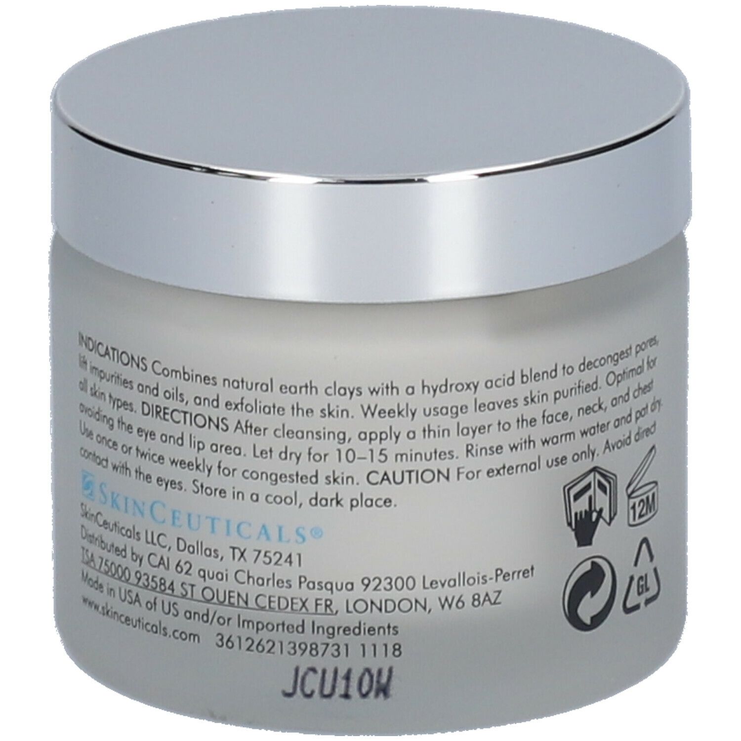 Pot de Clarifying Clay Masque Skinceuticals avec couvercle argenté. Dos avec texte et symboles.