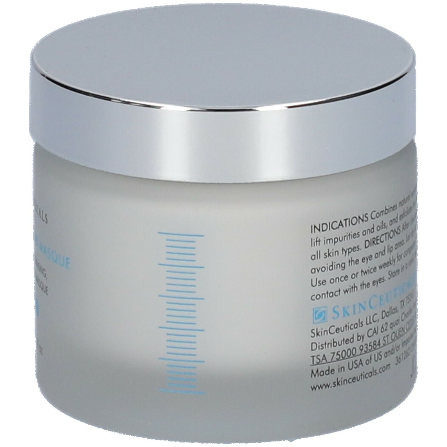 Pot de Clarifying Clay Masque Skinceuticals avec couvercle argenté. Une échelle bleue sur le côté.