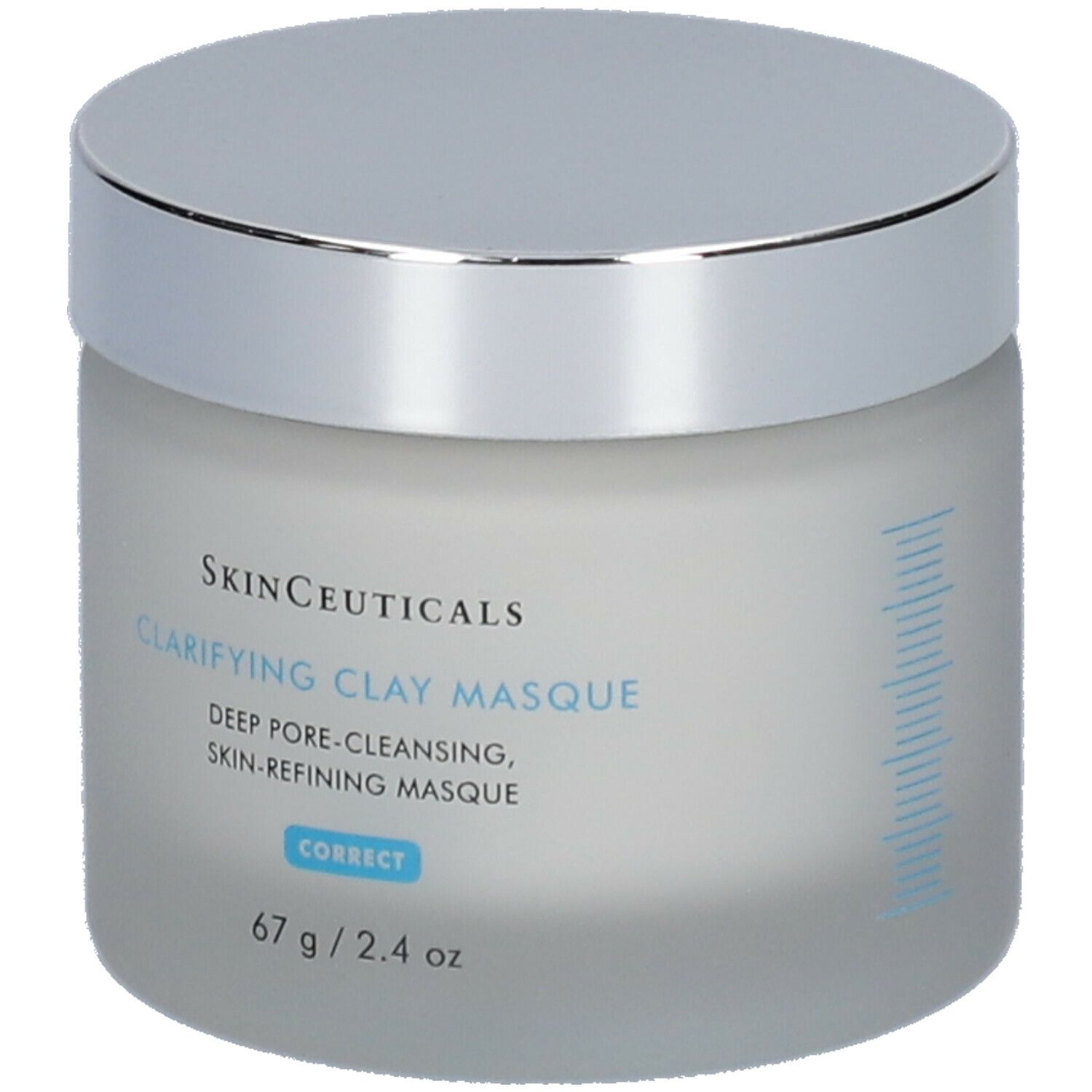 Pot de Clarifying Clay Masque Skinceuticals avec couvercle argenté. Inscription: Deep Pore-Cleansing, Skin-Refining Masque.