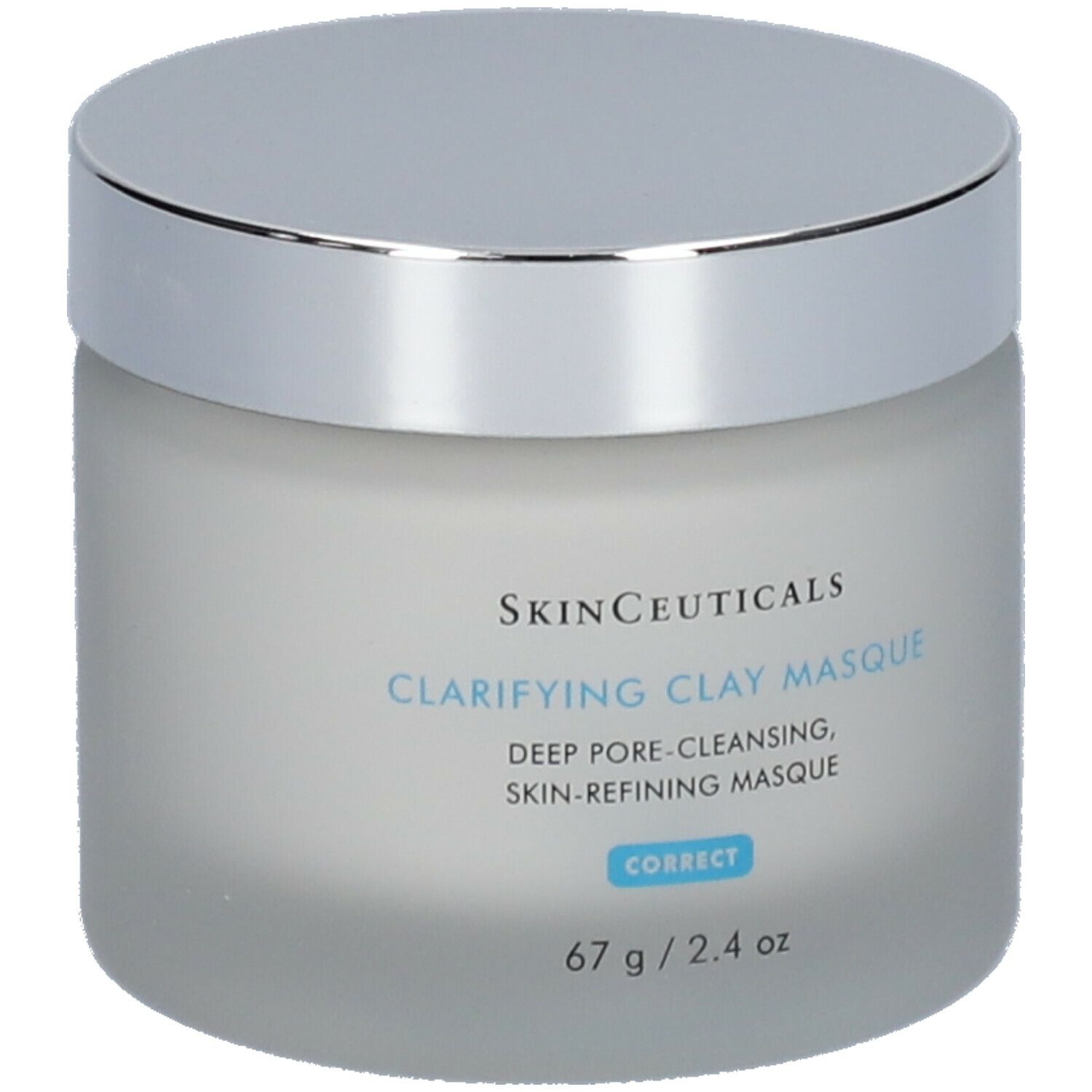 Pot de Clarifying Clay Masque Skinceuticals avec couvercle argenté. Inscription: Deep Pore-Cleansing, Skin-Refining Masque.