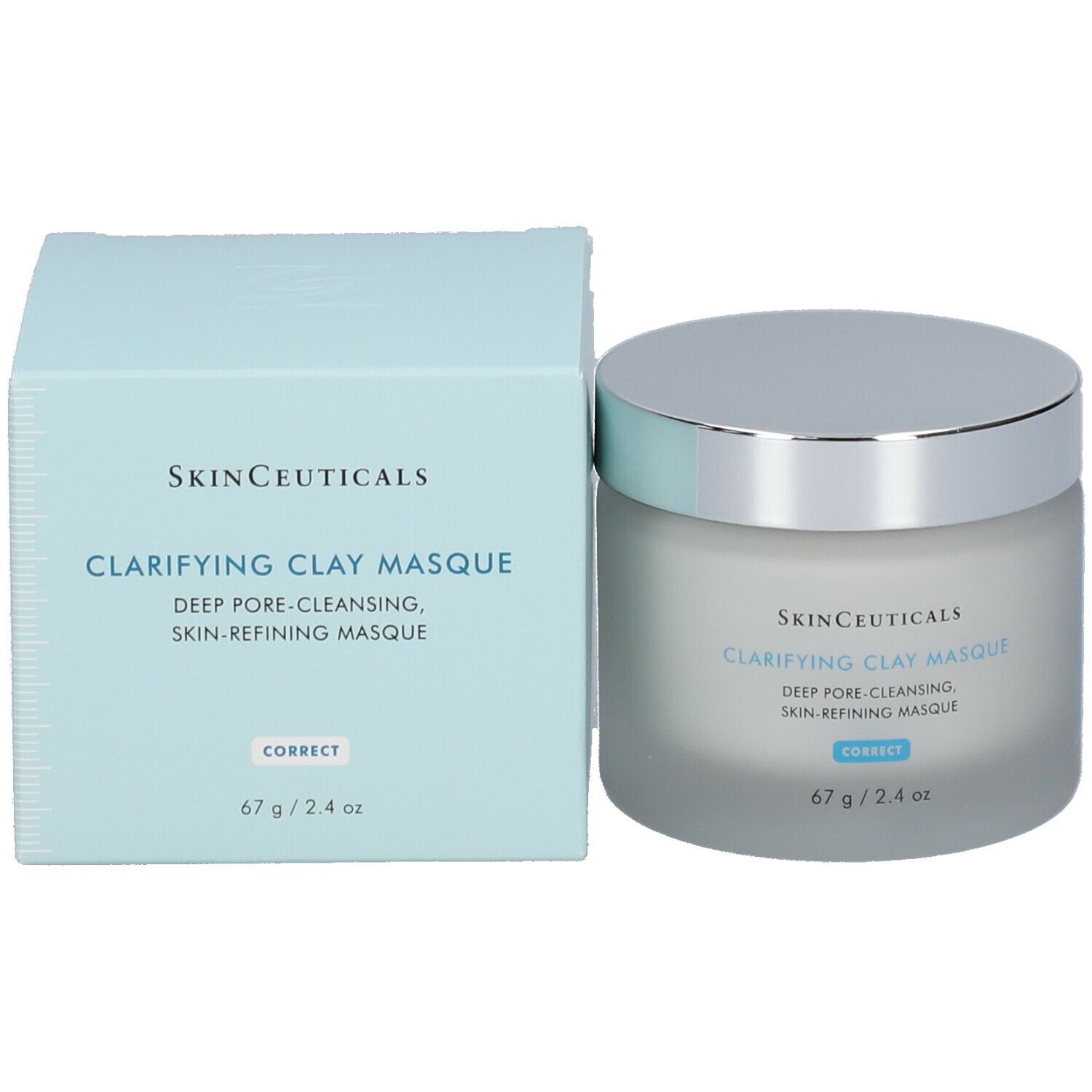 Skinceuticals Clarifying Clay Masque et emballage. Pot avec couvercle argenté. Emballage bleu clair.