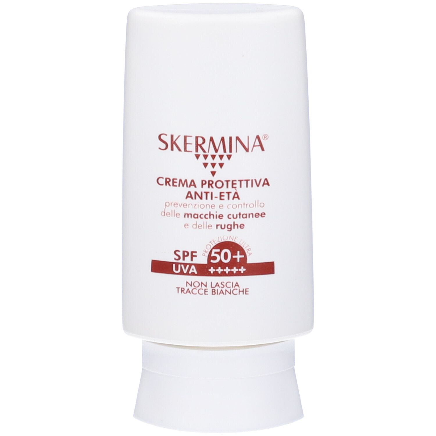 Tubo bianco Skermina. Crema protettiva anti-età, SPF 50+. SPF 50+.