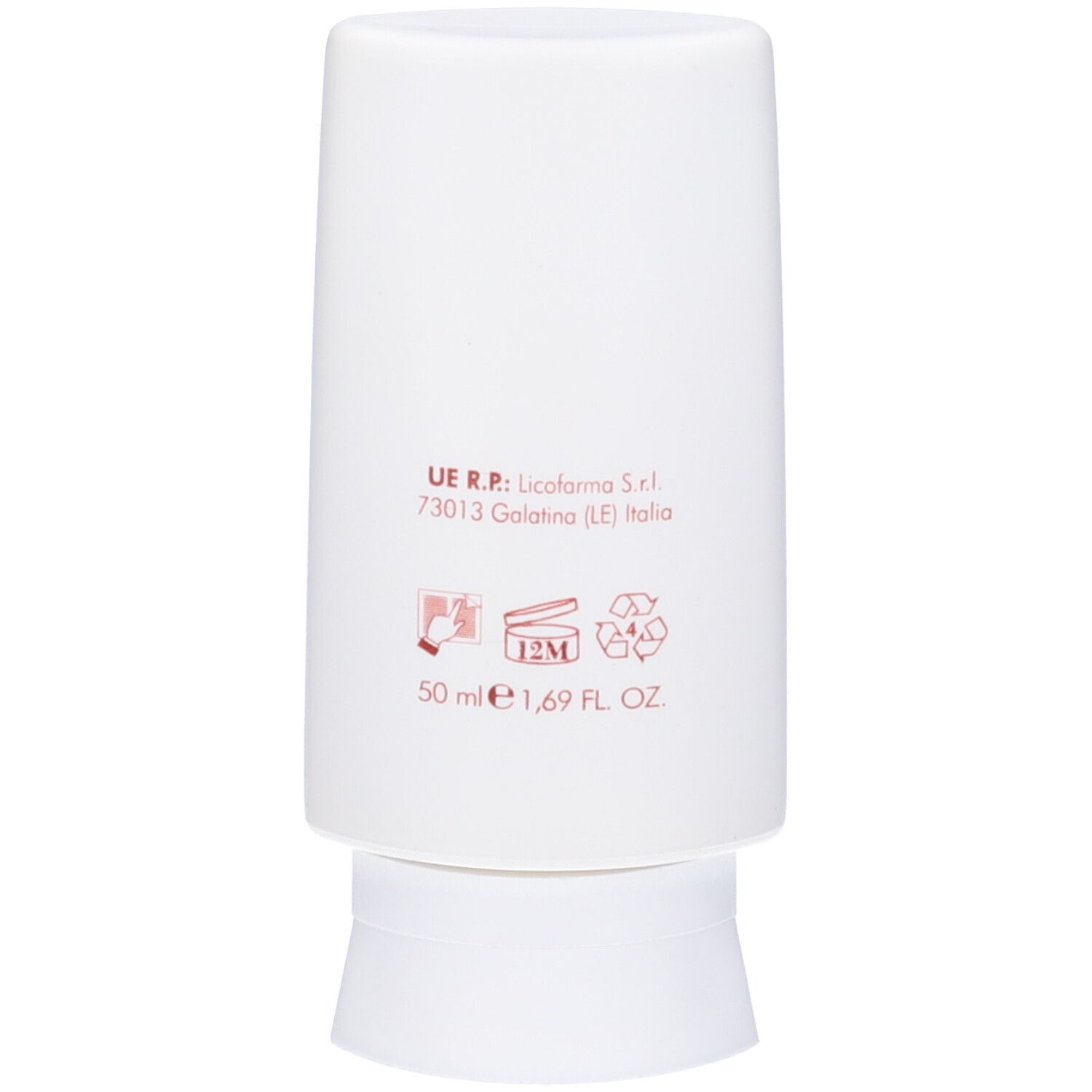 Retro del tubo bianco. Testo: UE R.P., 50 ml, 1,69 FL. OZ. Simbolo riciclo.