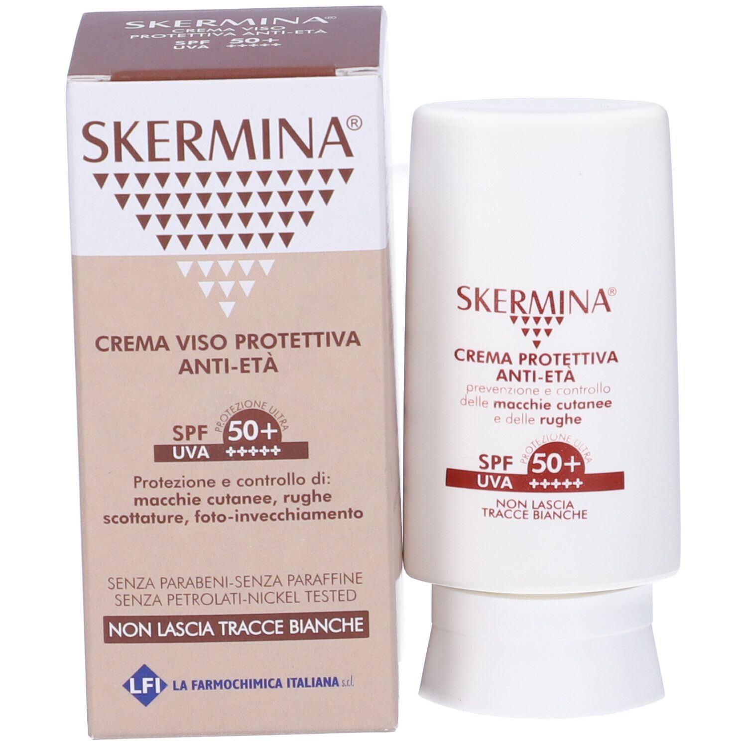 Confezione e tubo Skermina. Crema viso protettiva anti-età, SPF 50+.