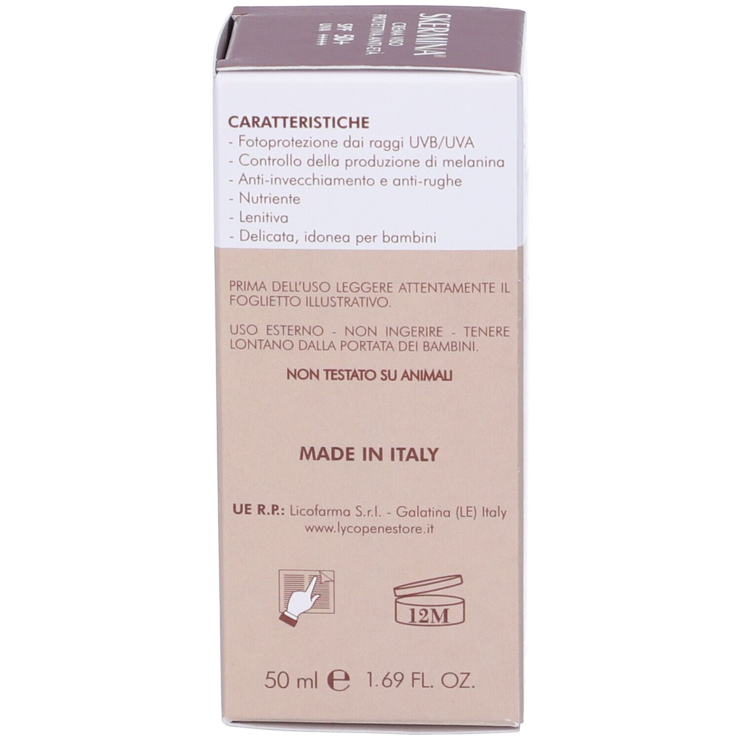 Retro della confezione. Testo: Made in Italy, 50 ml, 1.69 FL. OZ. Simbolo riciclo.