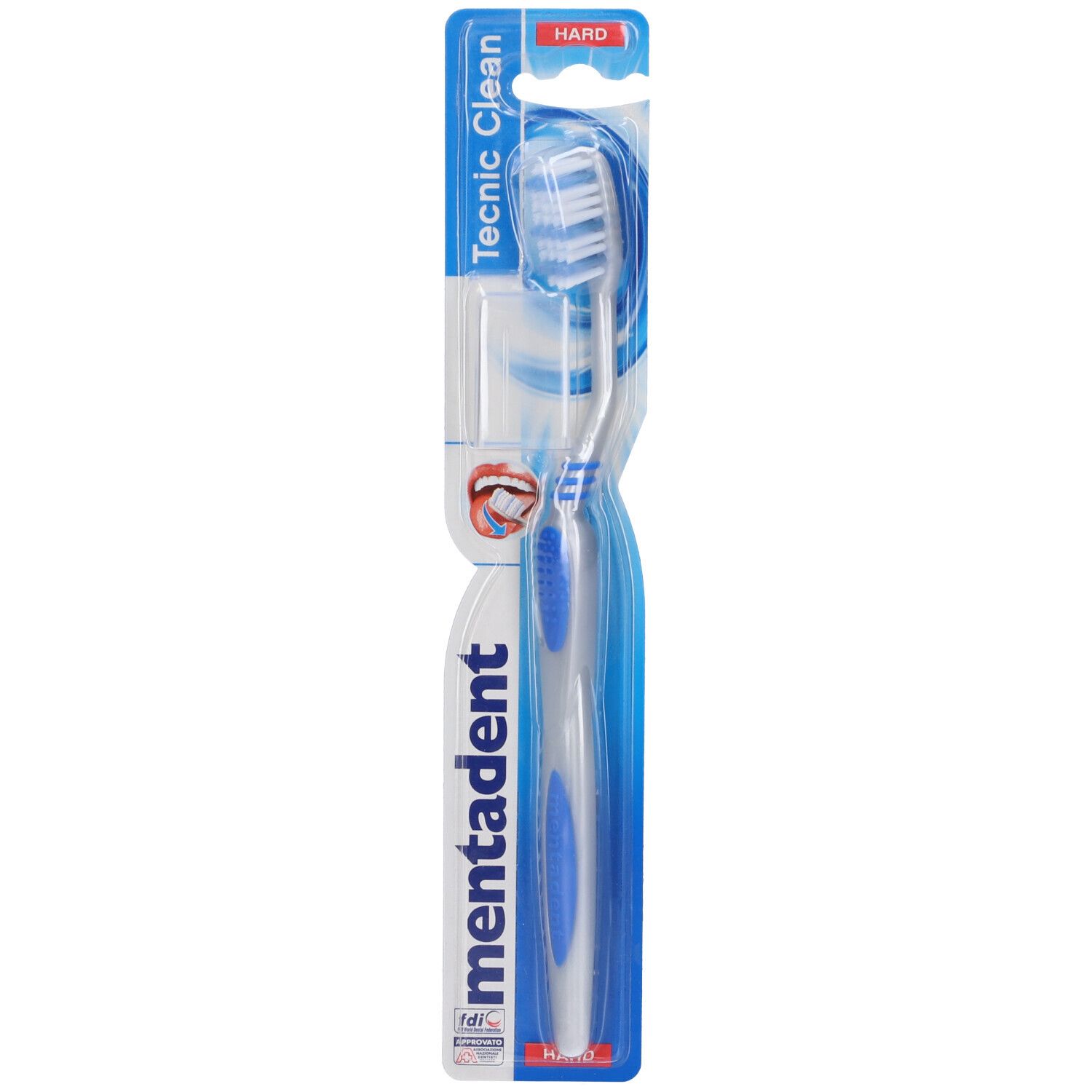 Spazzolino Mentadent Tecnic Clean, blu e bianco, in confezione blister. Setole dure. Marchio e nome visibili.