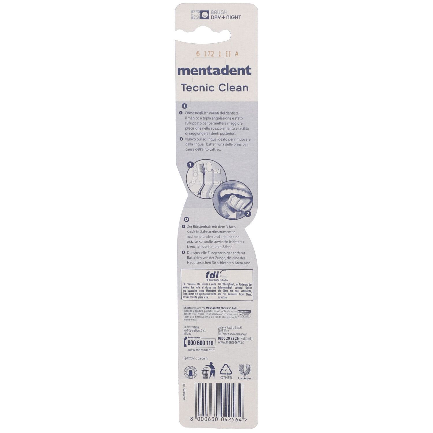 Retro confezione spazzolino Mentadent Tecnic Clean. Nome prodotto, illustrazioni, testo multilingue, logo.