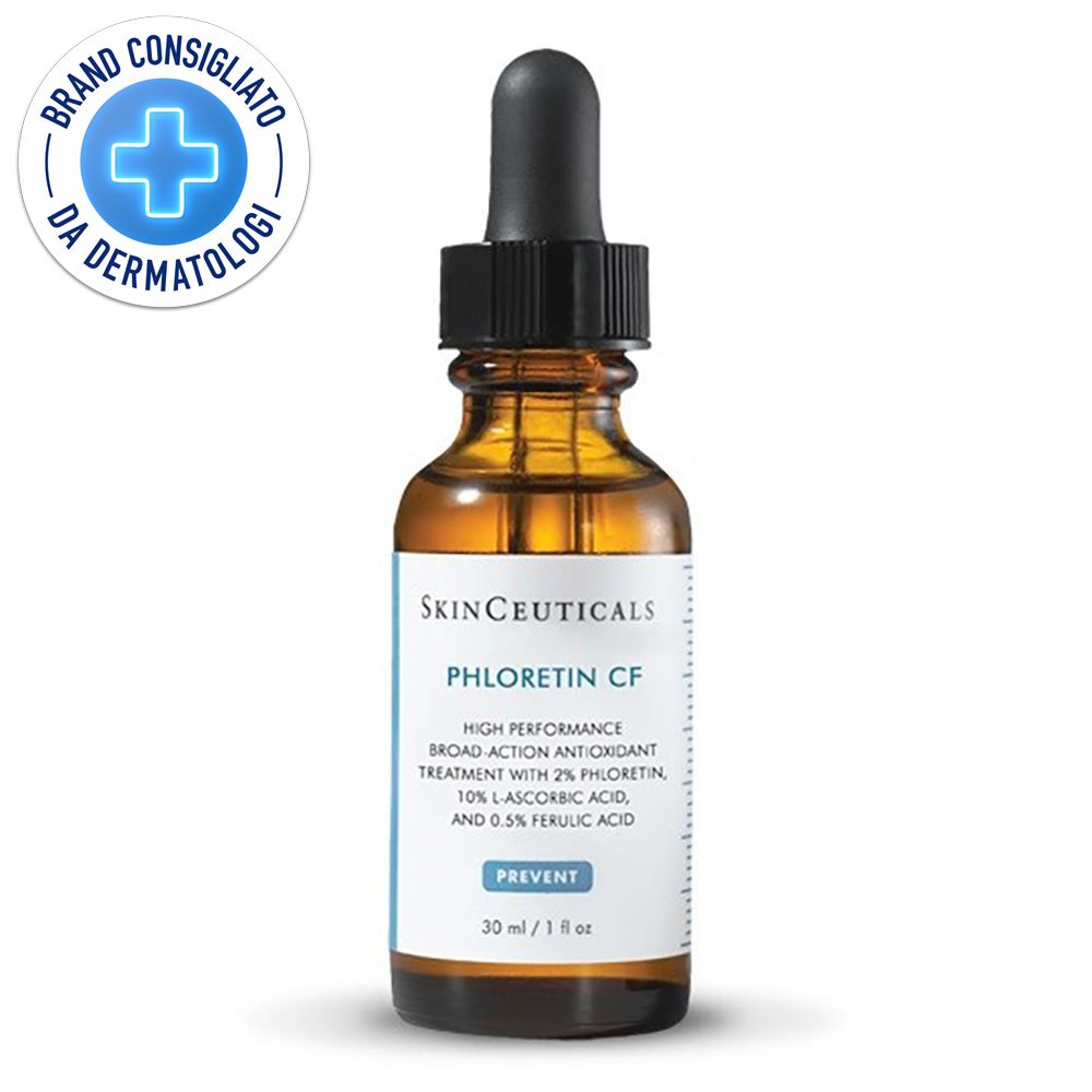 Flacon brun avec pipette noire. Inscription : Skinceuticals Phloretin CF. Recommandé par les dermatologues.
