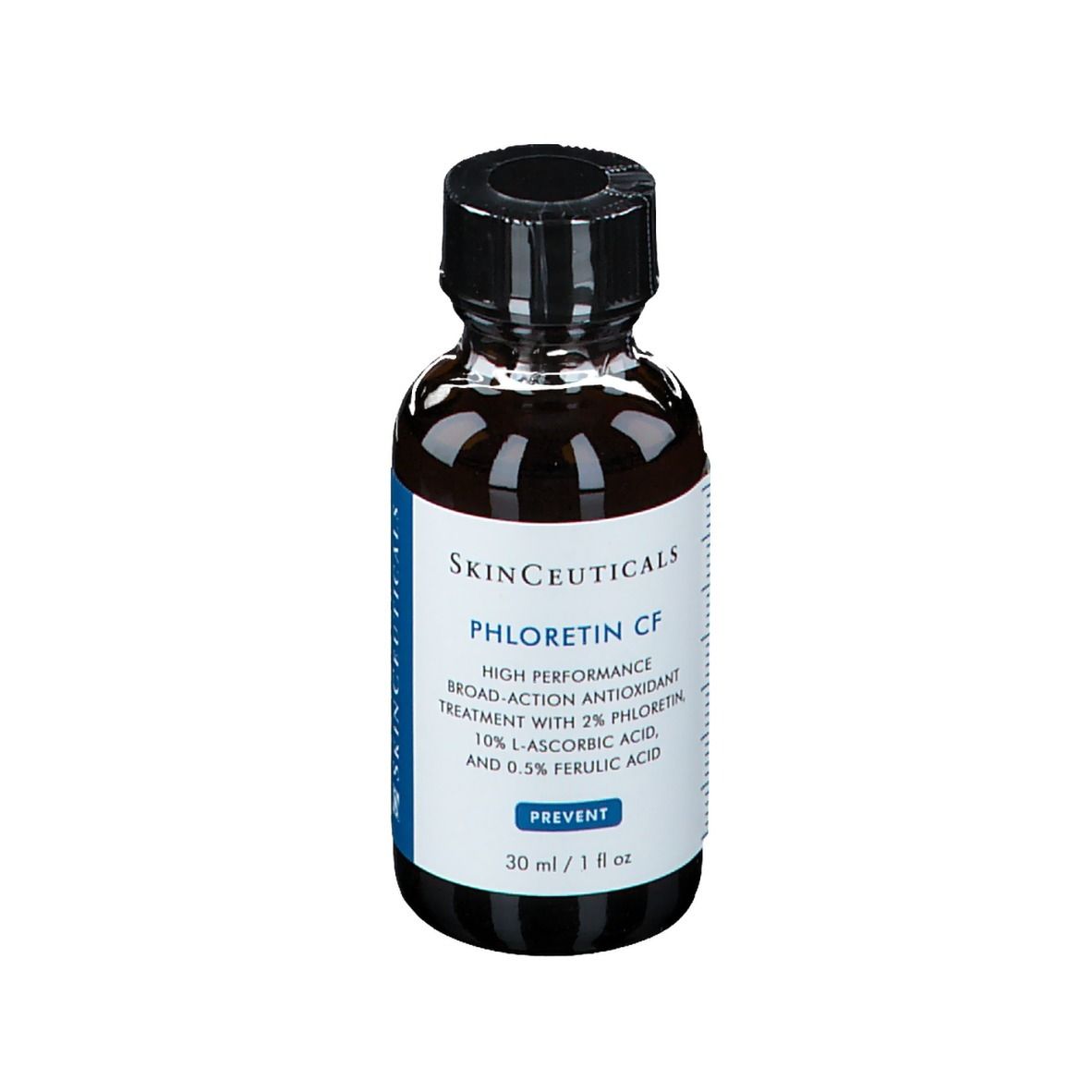 Flacon en verre brun avec bouchon noir. Inscription : Skinceuticals Phloretin CF. 30 ml / 1 fl oz.