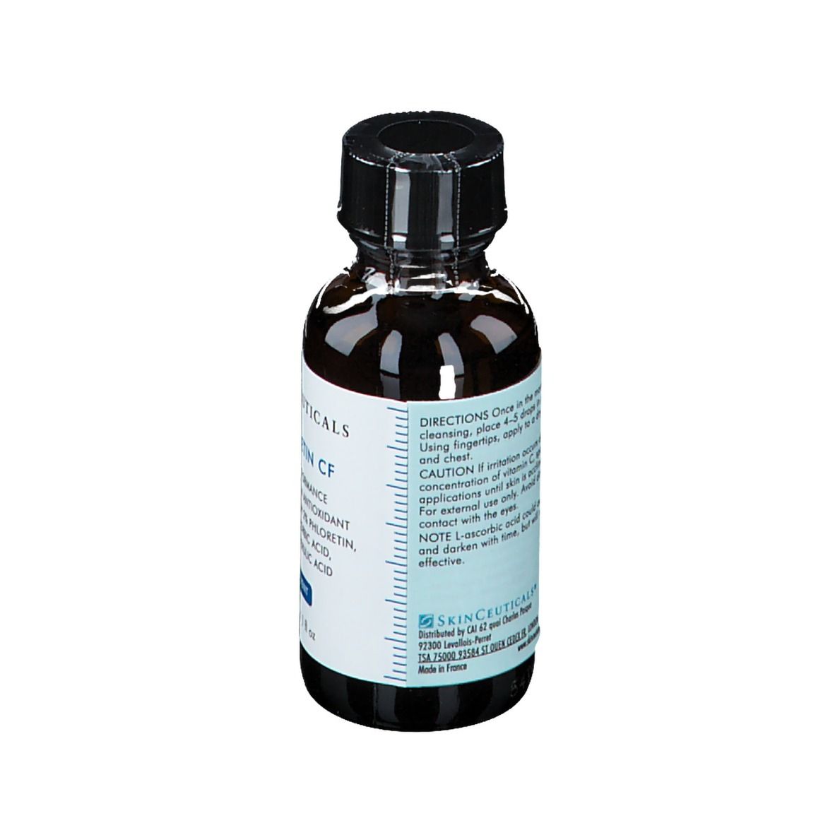 Flacon en verre brun avec bouchon noir. Inscription : Skinceuticals Phloretin CF. Dos avec texte.