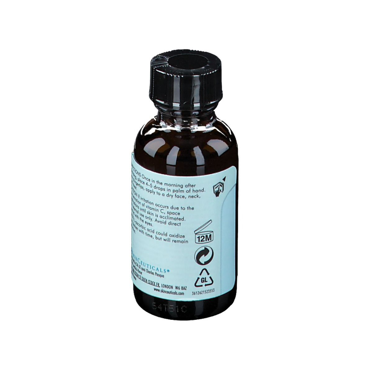 Flacon en verre brun avec bouchon noir. Inscription : Skinceuticals Phloretin CF. Dos avec texte et symboles.