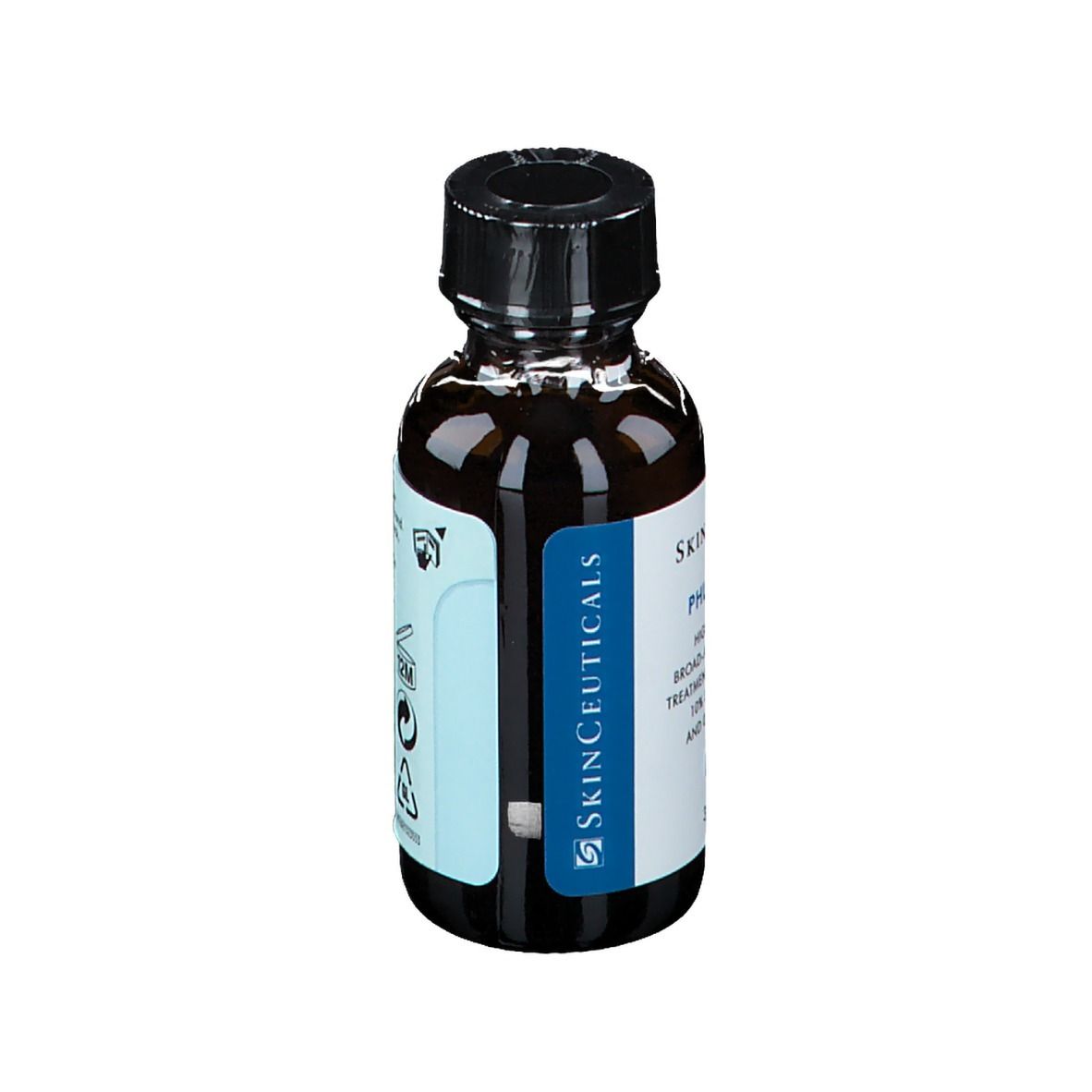 Flacon en verre brun avec bouchon noir. Inscription : Skinceuticals Phloretin CF. Dos avec texte.