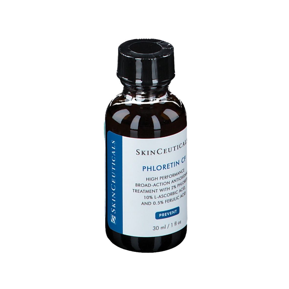 Flacon en verre brun avec bouchon noir. Inscription : Skinceuticals Phloretin CF. 30 ml / 1 fl oz.