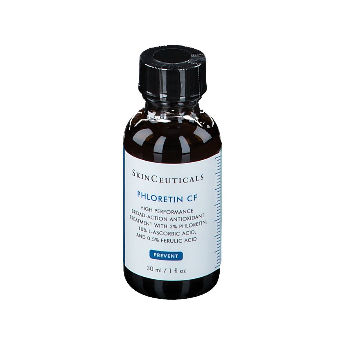 Flacon en verre brun avec bouchon noir. Inscription : Skinceuticals Phloretin CF. 30 ml / 1 fl oz.