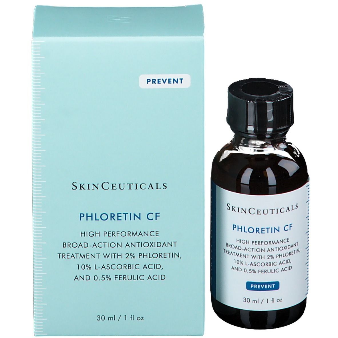 Flacon en verre brun et boîte. Inscription : Skinceuticals Phloretin CF. 30 ml / 1 fl oz.