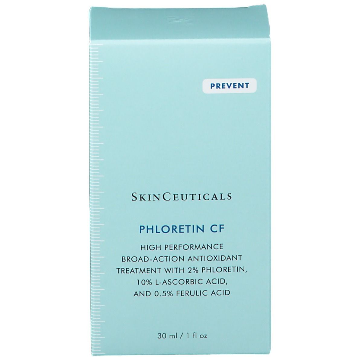 Boîte bleu clair. Inscription : Skinceuticals Phloretin CF. 30 ml / 1 fl oz.