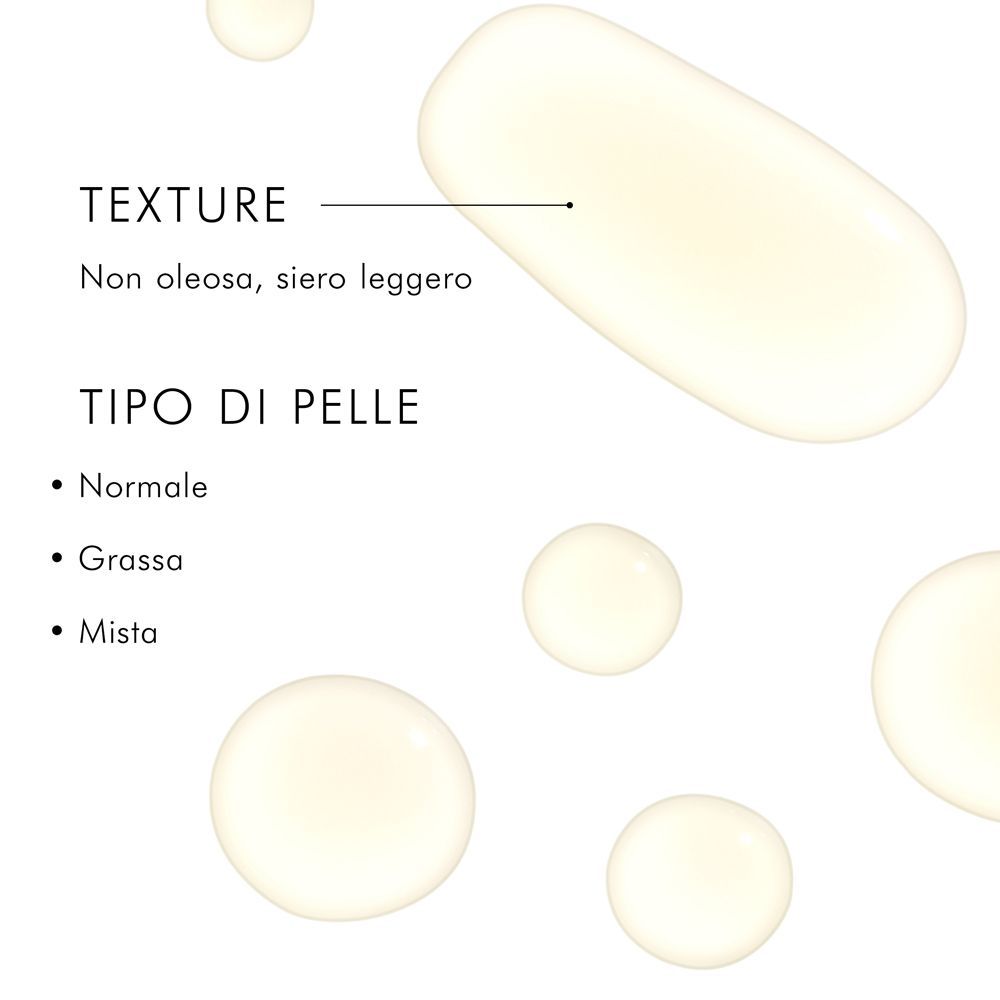 Gros plan sur des gouttes. Texte : Texture, non grasse, sérum léger. Types de peau : normale, grasse, mixte.