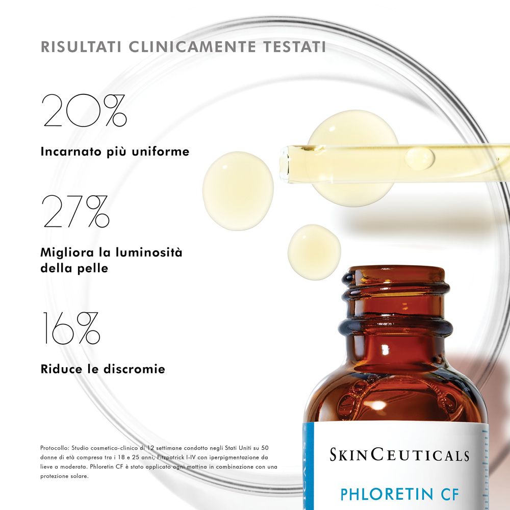 Flacon en verre avec sérum et pipette. Résultats : 20% teint plus uniforme, 27% plus d'éclat, 16% moins de décolorations.