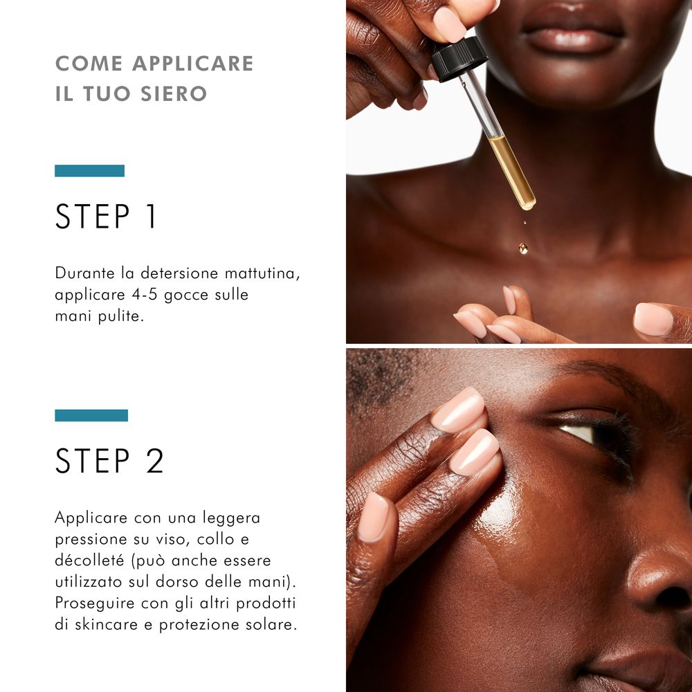 Application du sérum. Étape 1 : 4-5 gouttes sur mains propres. Étape 2 : Appliquer par légère pression.
