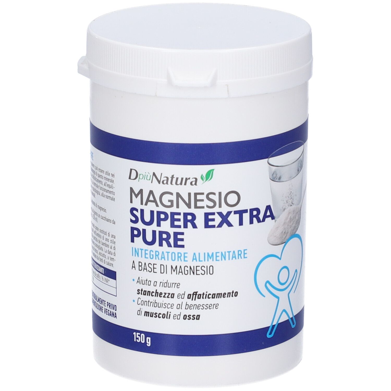 Contenitore bianco con etichetta blu. Scritta: Dpiu' Natura Magnesio Super Extra Pure. 150g.