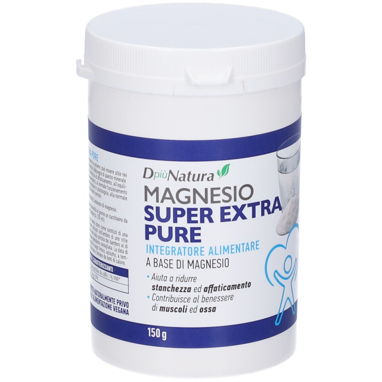 Contenitore bianco con etichetta blu. Scritta: Dpiu' Natura Magnesio Super Extra Pure. 150g.