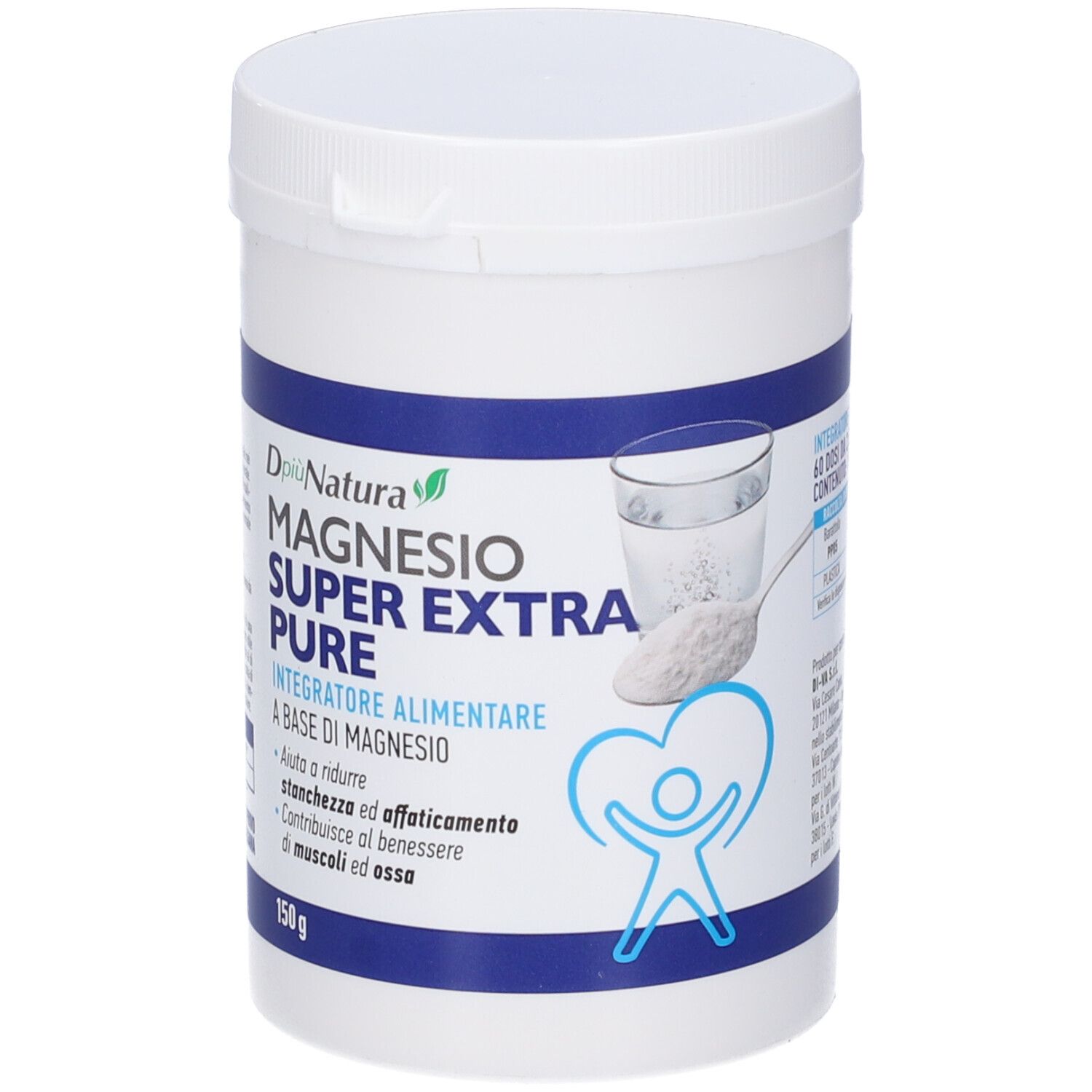 Contenitore bianco con etichetta blu. Scritta: Dpiu' Natura Magnesio Super Extra Pure. 150g.