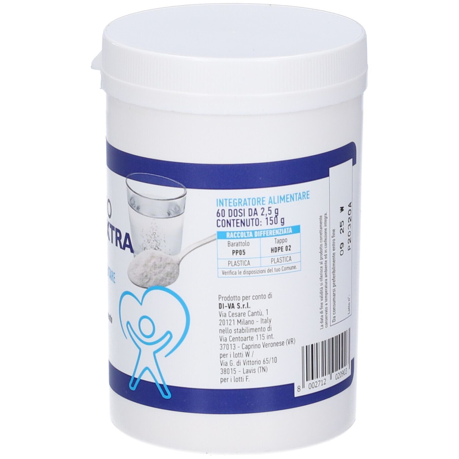Contenitore bianco, retro con etichetta. Testo: Magnesio Extra Pure, dosaggio, ingredienti, produttore.