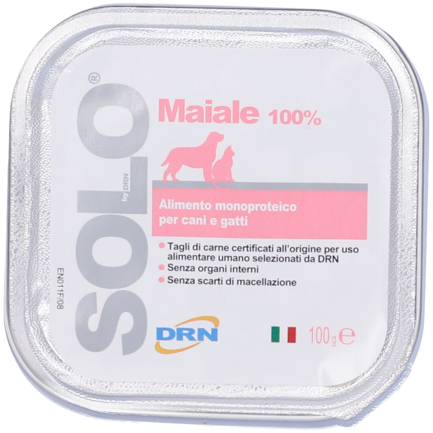 Scatola quadrata con etichetta rosa. Scritta 'Solo' e 'Maiale 100%'. Illustrazione cane e gatto. Testo in italiano.