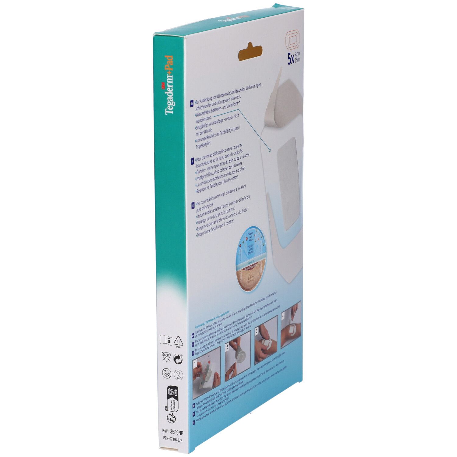 Seitenansicht der Tegaderm+Pad Verpackung. Illustrationen zur Anwendung. Aufdruck: Sterile R.