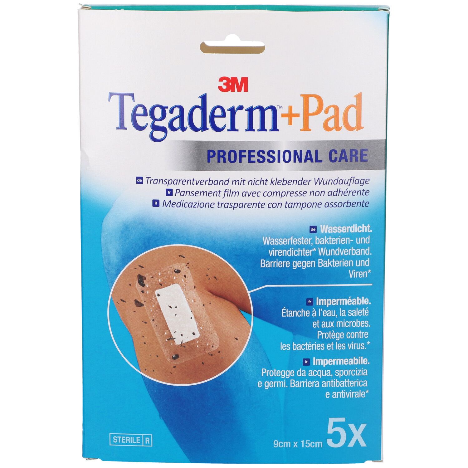 Verpackung von Tegaderm+Pad. Enthält 5 Verbände. Größe: 9x15cm. Aufdruck: Professionelle Pflege. Transparentverband.