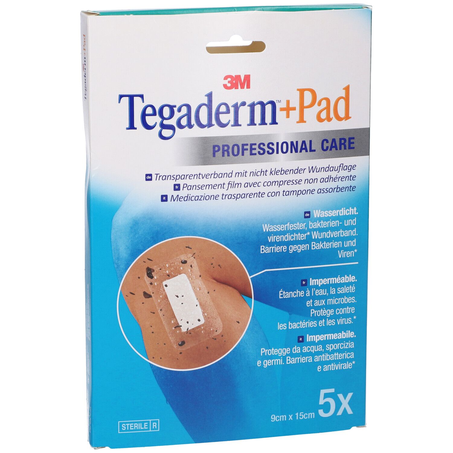 Verpackung von Tegaderm+Pad. Enthält 5 Verbände. Größe: 9x15cm. Aufdruck: Professionelle Pflege. Transparentverband.