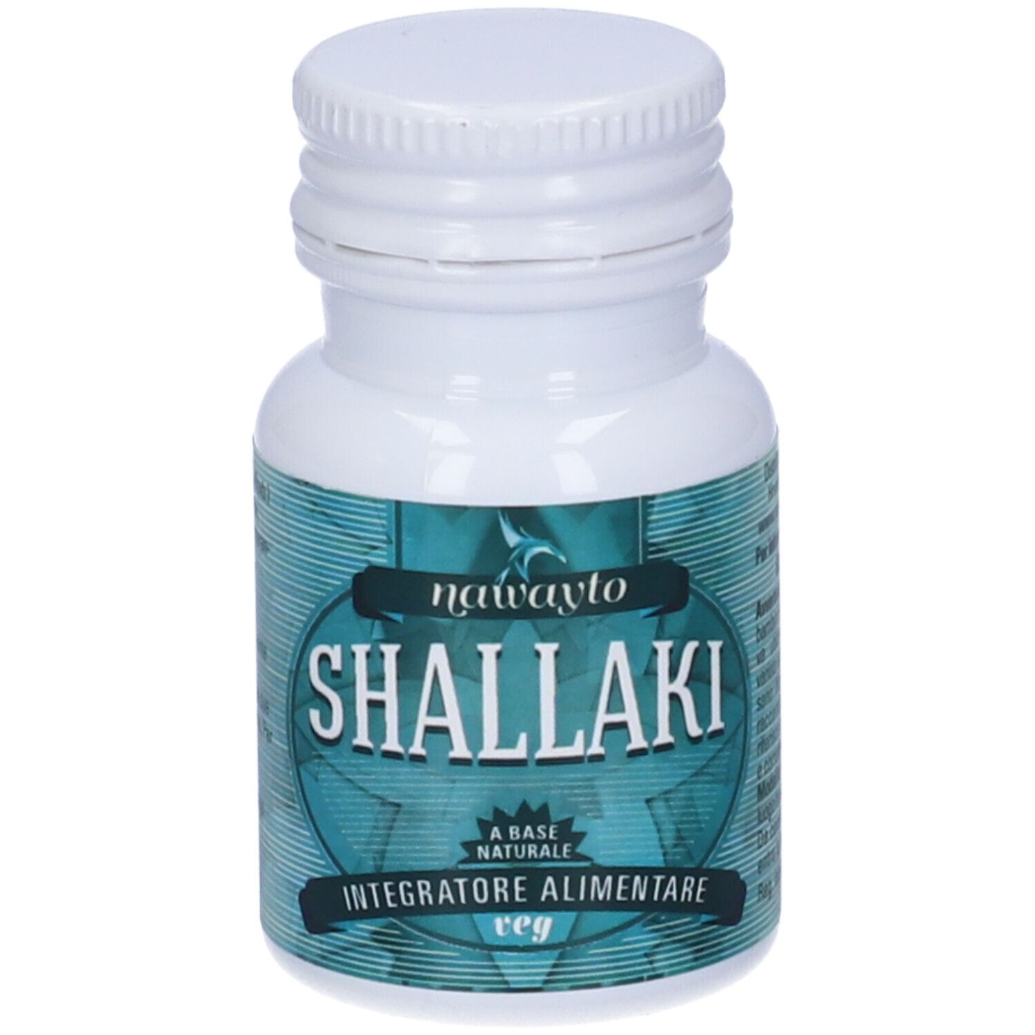 Flacone bianco con etichetta blu-verde. L'etichetta riporta "Shallaki" e "Integratore Alimentare".