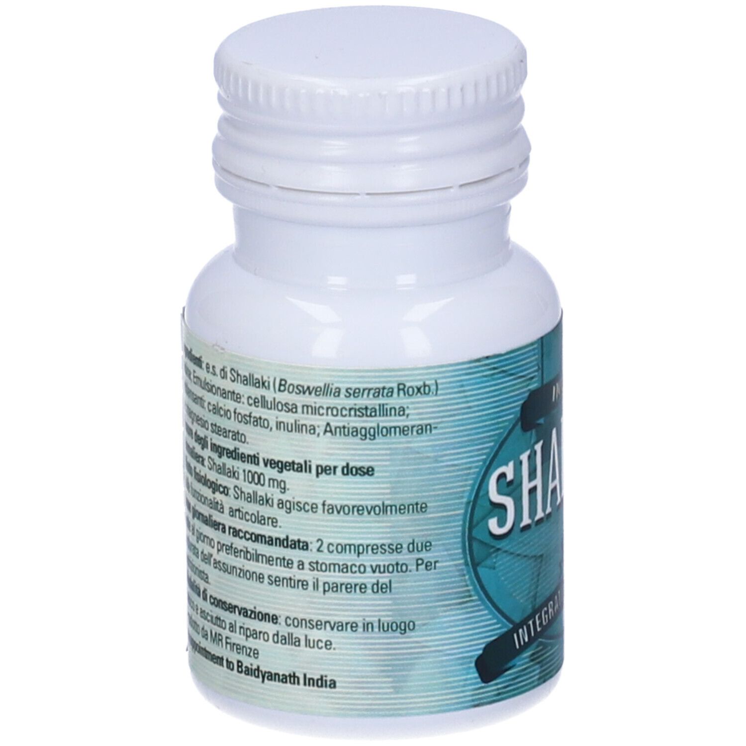 Flacone bianco con etichetta blu-verde. Testo con ingredienti e dosaggio. "Shallaki" è leggibile.