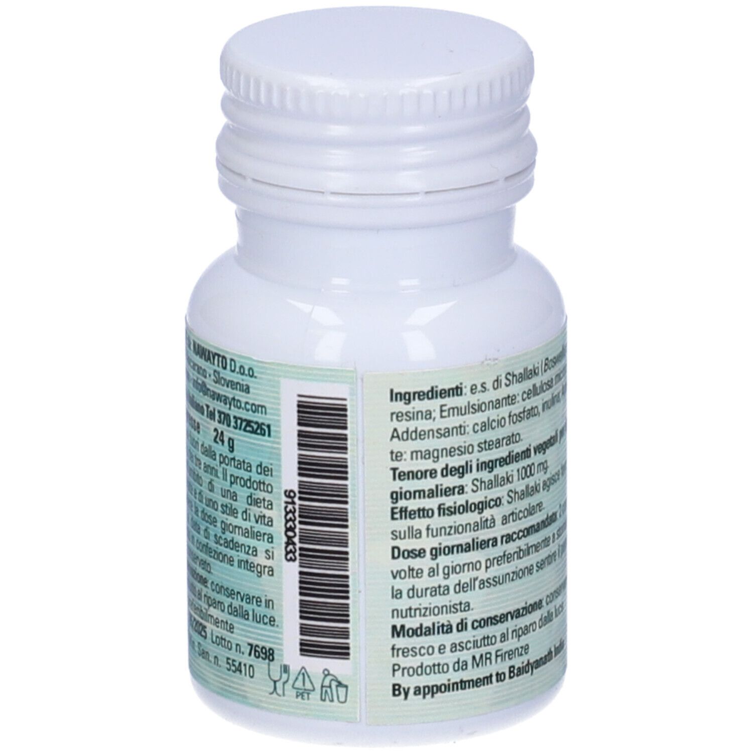 Flacone bianco con etichetta blu-verde. Testo con ingredienti e informazioni. "Shallaki" è leggibile.