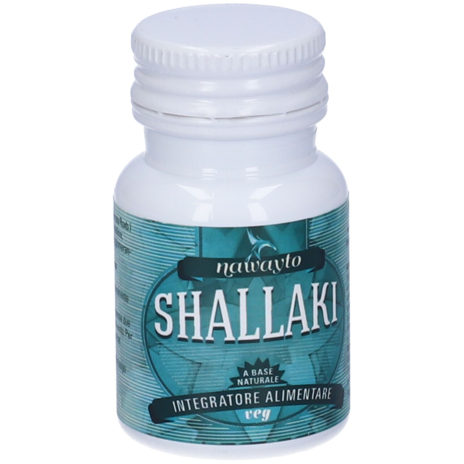 Flacone bianco con etichetta blu-verde. L'etichetta riporta "Shallaki" e "Integratore Alimentare".