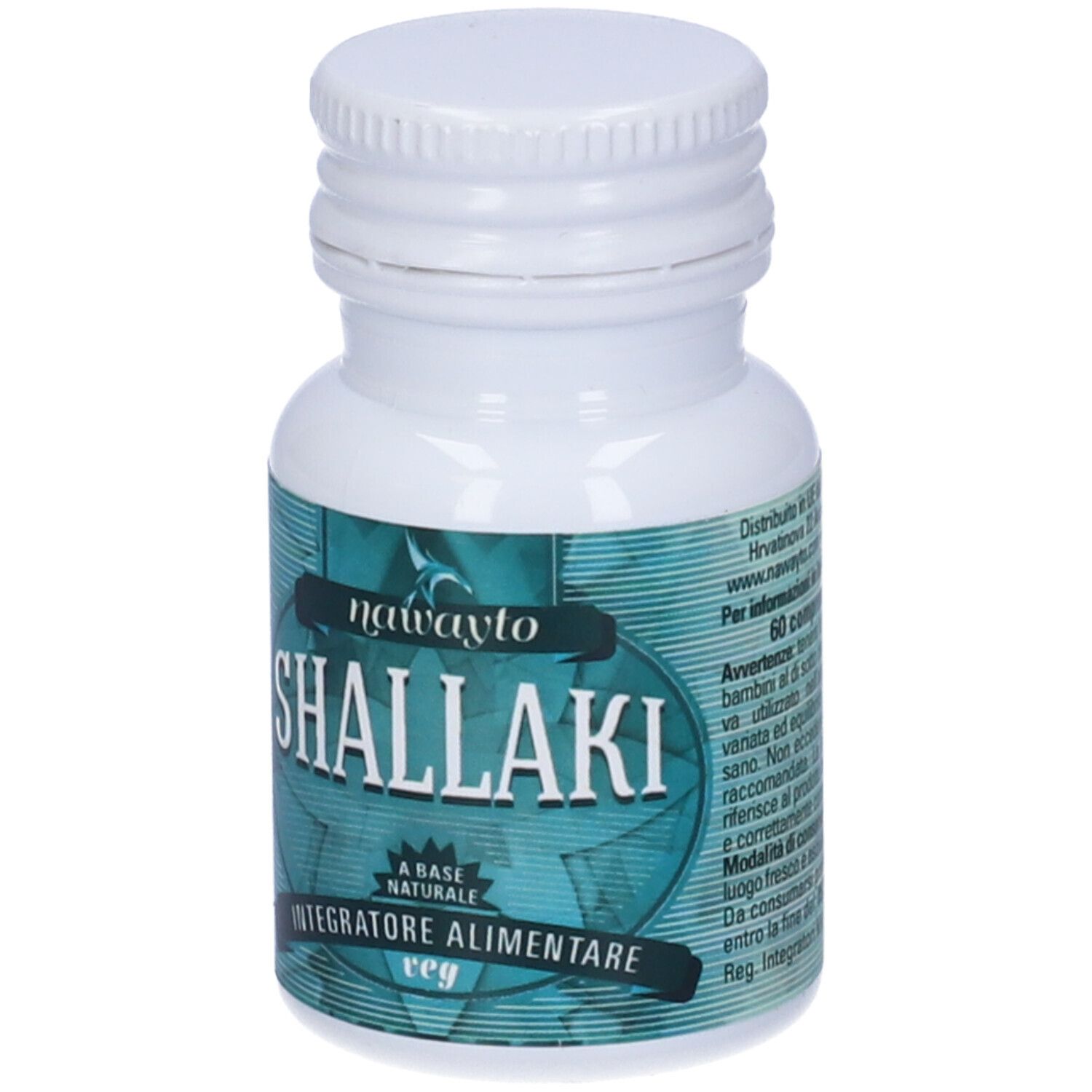 Flacone bianco con etichetta blu-verde. L'etichetta riporta "Shallaki" e "Integratore Alimentare".