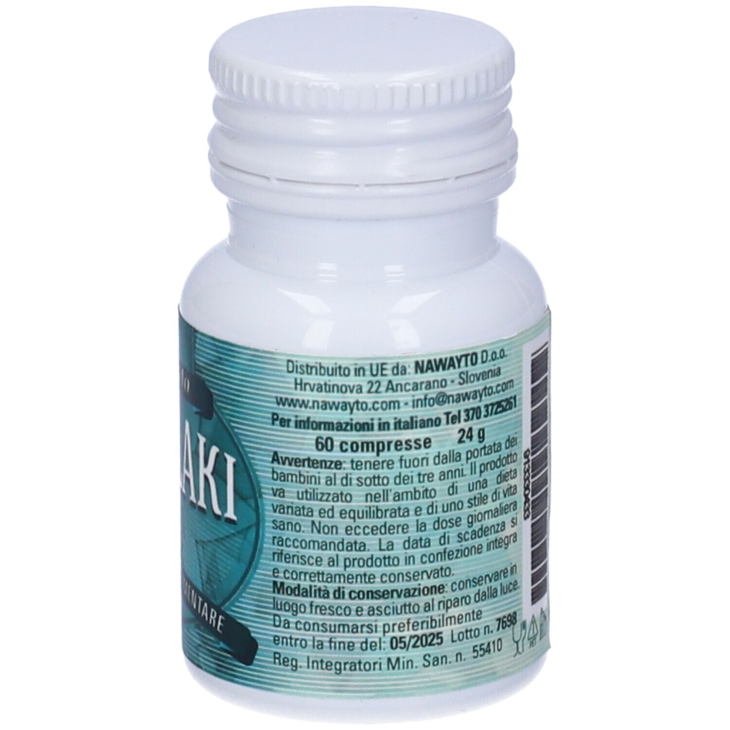 Flacone bianco con etichetta blu-verde. Contiene 60 compresse. Testo con avvertenze e data di scadenza.