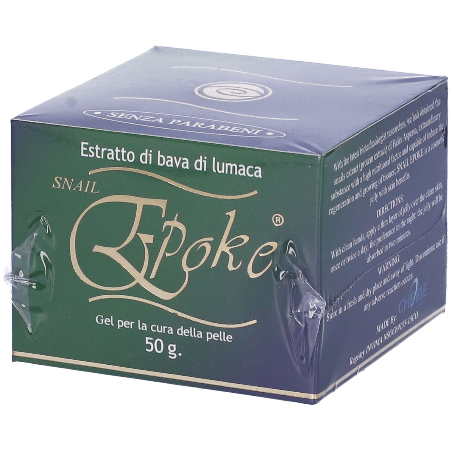 Scatola verde scuro con logo Epoke e testo: Estratto di bava di lumaca, Gel per la cura della pelle, 50 g. Senza parabeni.