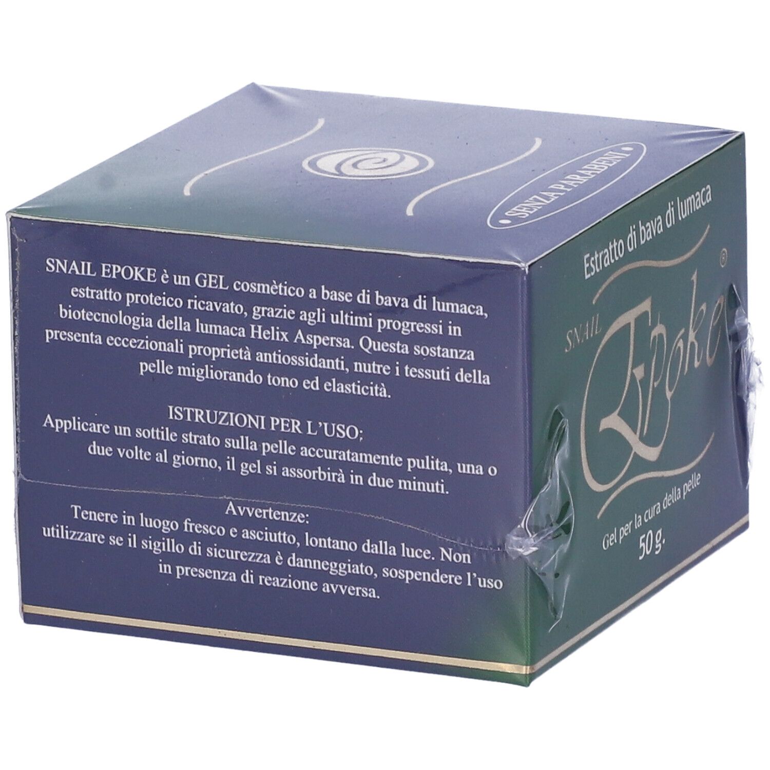 Scatola verde scuro con testo: Snail Epoke, Gel cosmetico a base di bava di lumaca. Istruzioni per l'uso e avvertenze.