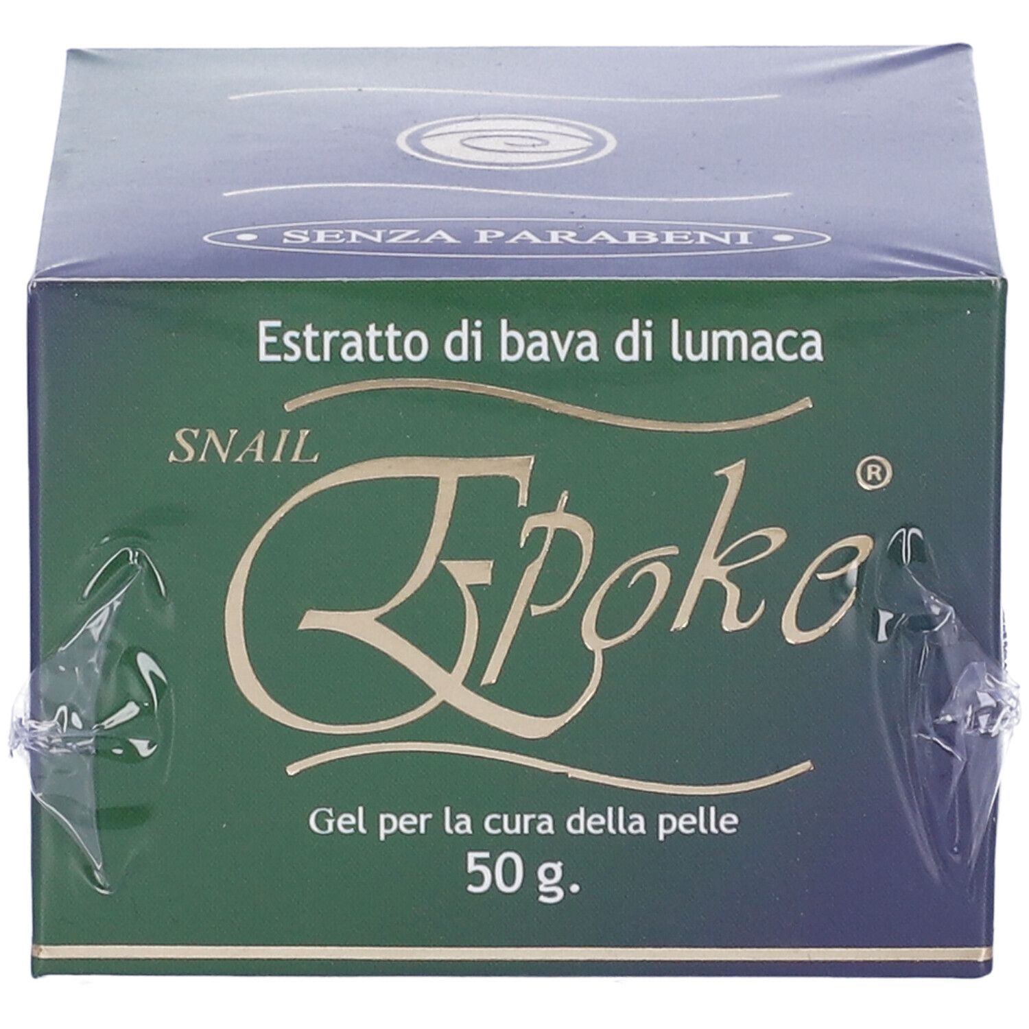 Scatola verde scuro con logo Epoke e testo: Estratto di bava di lumaca, Gel per la cura della pelle, 50 g. Senza parabeni.