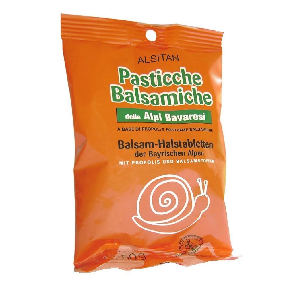 Confezione arancione con testo: Pasticche Balsamiche, Alpi Bavaresi. Contiene propoli e sostanze balsamiche. Illustrazione di una lumaca.