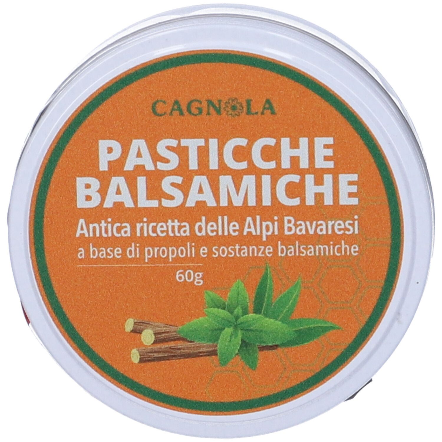 Contenitore rotondo con coperchio. Scritta: Pasticche Balsamiche, Alpi Bavaresi. Con menta e pezzi di legno. 60g.