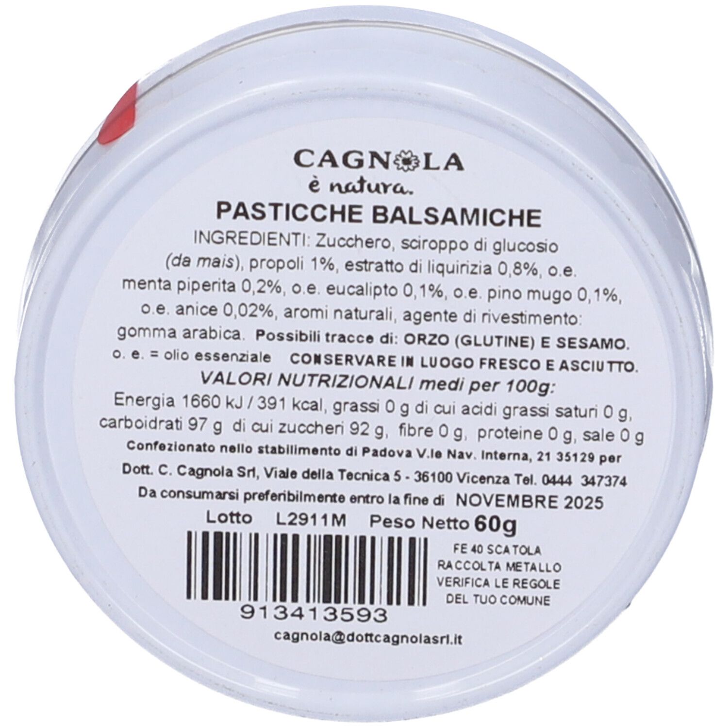 Coperchio di contenitore rotondo con testo: Pasticche Balsamiche. Elenco ingredienti, informazioni nutrizionali, informazioni produttore. Peso: 60g.