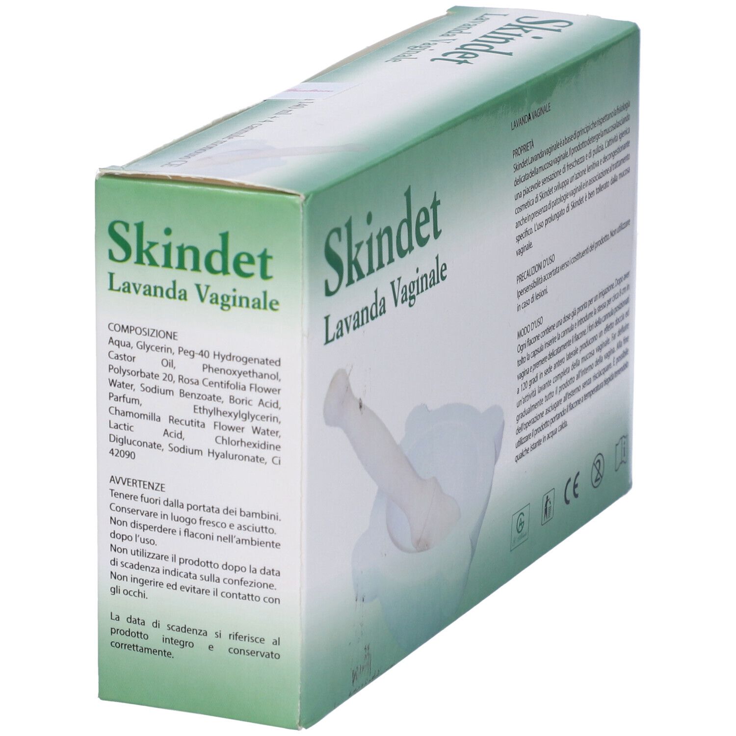 Scatola Skindet Lavanda Vaginale. Confezione verde e bianca con ingredienti e informazioni.