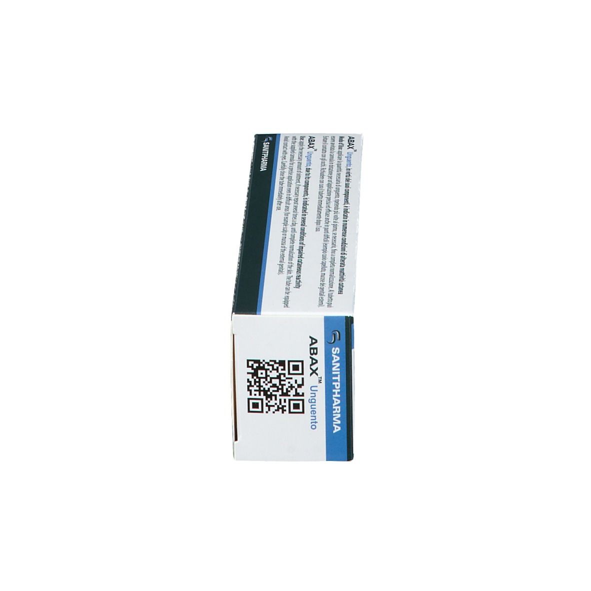Scatola, vista laterale. Testo ABAX™ Unguento. Logo Sanipharm. Codice QR.