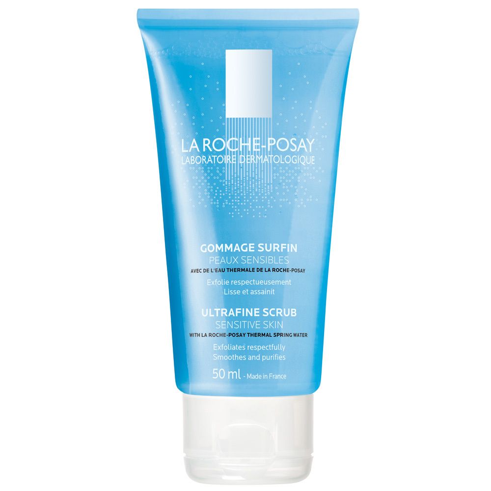 Blau-weiße Tube mit Produkttext. LA ROCHE-POSAY Logo. Gommage Surfin für empfindliche Haut. 50 ml. Hergestellt in Frankreich.