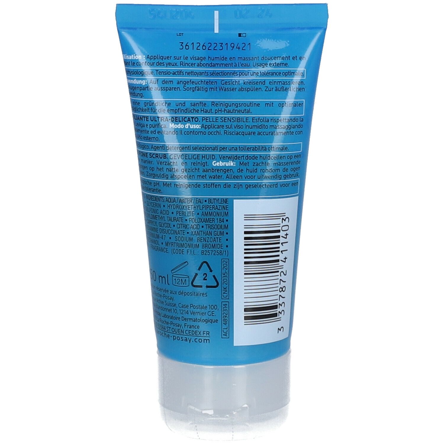 Rückseite der blauen Tube. Text in mehreren Sprachen. Barcode und Recycling-Symbole. 50 ml. Herstellerinformationen.