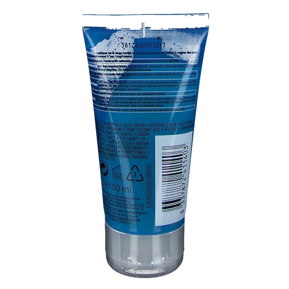 Rückseite der blauen Tube. Text in mehreren Sprachen. Barcode und Recycling-Symbole. 50 ml. Herstellerinformationen.