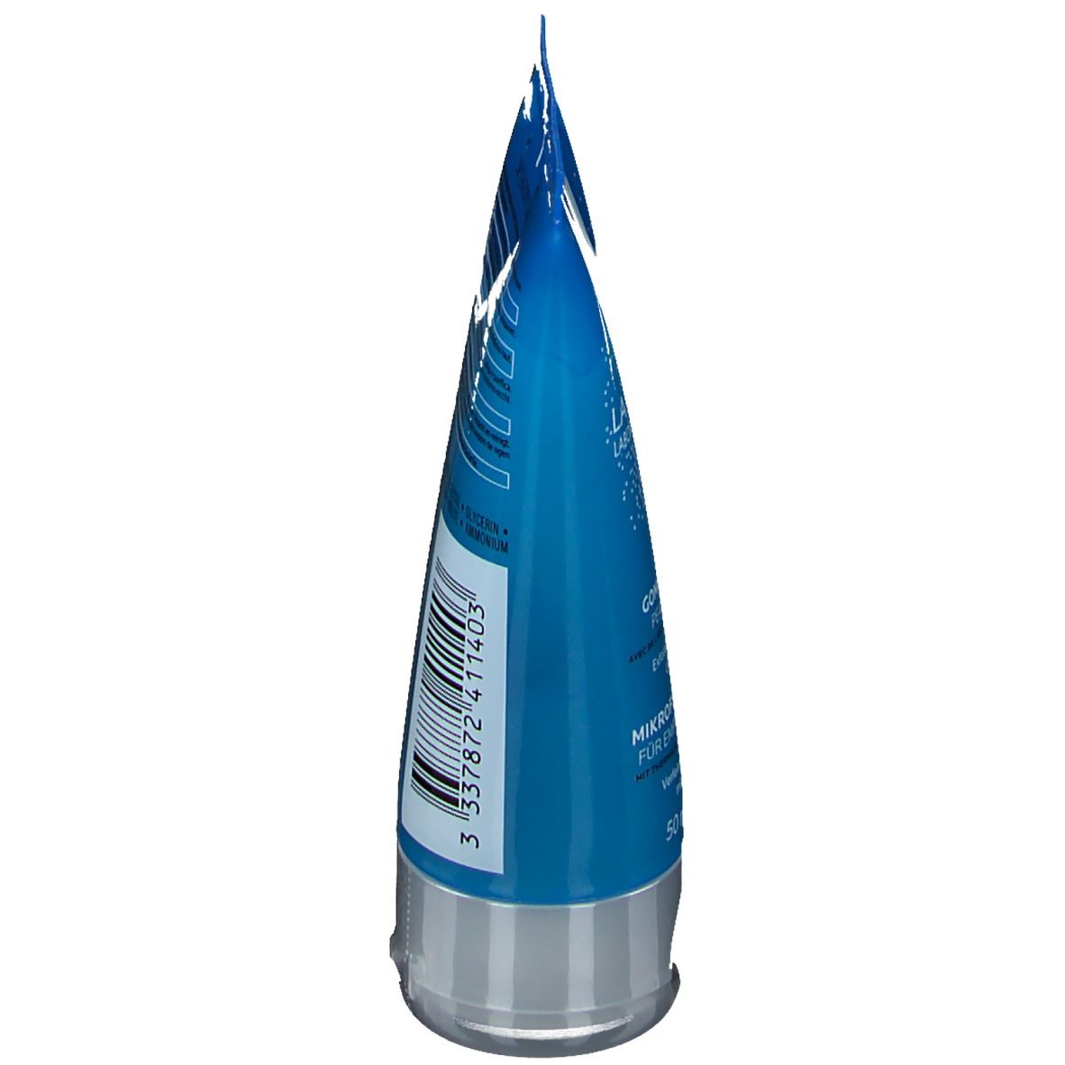 Blaue Tube, schräg von unten. Barcode und Produkttext sichtbar. Herstellerinformationen und Recycling-Symbole.
