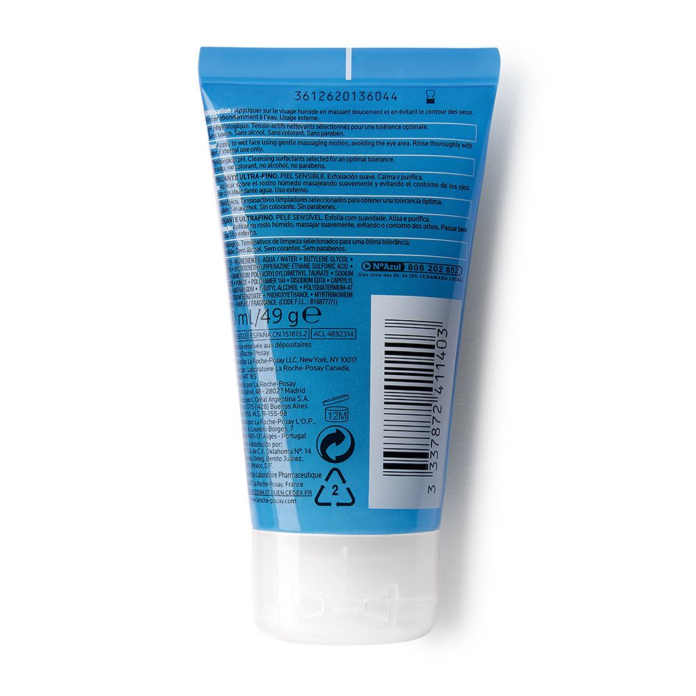 Rückseite der Tube. Text in mehreren Sprachen. Barcode und Recycling-Symbole. 49 g. Kontaktinformationen des Herstellers.